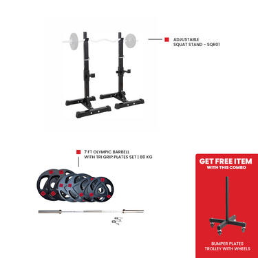 Adjustable Squat Stand - SQR01 7 Ft Olympic Barbell with Tri Grip Plates Set | 50 kg
